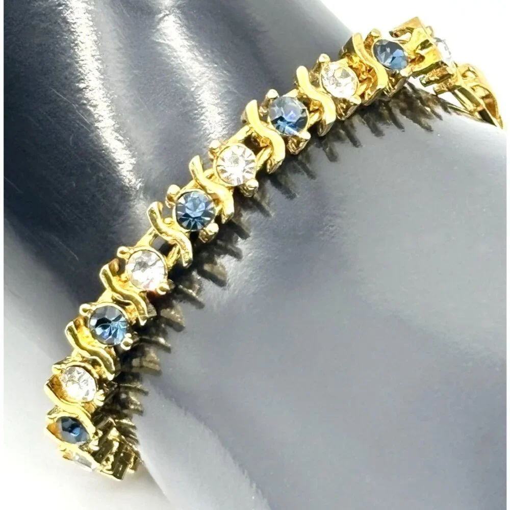 Vintage Gold Tone Metal and Faux Sapphire Faux Diamond Tennis Style Bracelet 80s - Picture 2 of 13